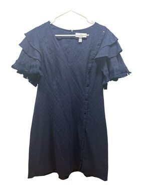 Belle Badgley Mischka Navy Eyelet V‑Neck Mini Dress with Tassel Trim Sleeves